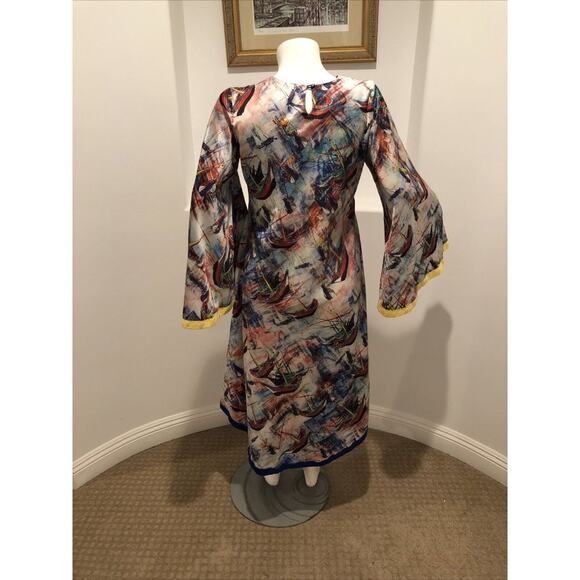 Aftican Design Trish O. Couture High-Low Long  Bell Sleeve Marine Print Dress - Picture 2 of 14